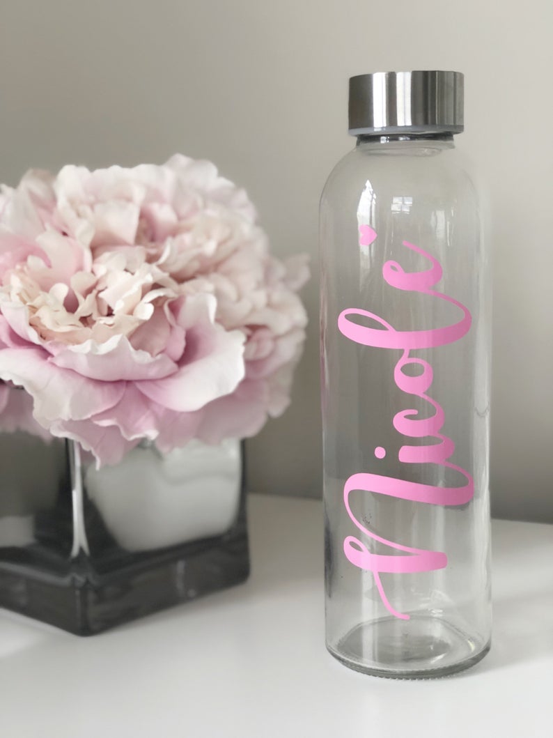 Pink glass water bottles- bachelorette water bottles- personalized glass water bottles- bridesmaid water bottle- bridesmaid waterbottle-