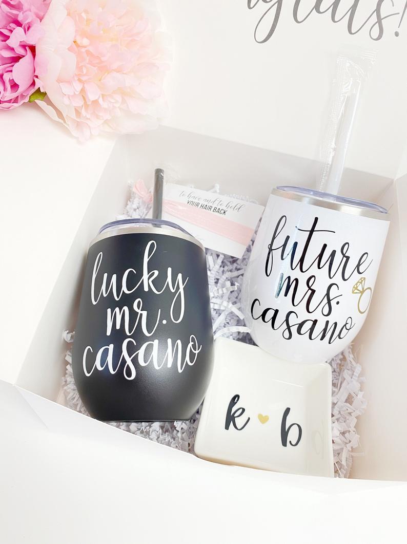 Future mrs lucky mr wine tumblers- gifts for engagement gifts for couple- bride and groom tumblers- mr and mrs engaged gift set- wifey hubby