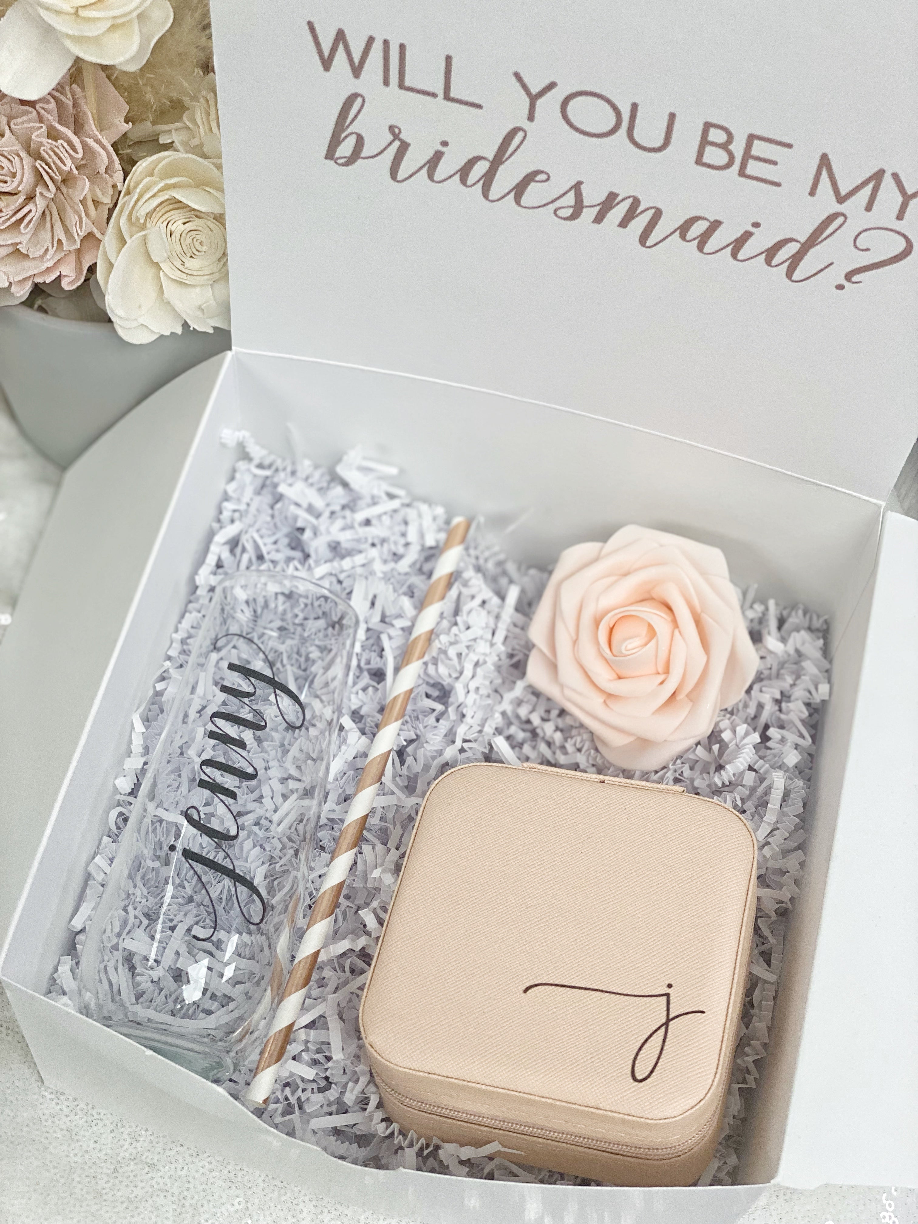 Bridesmaid proposal gift box set- bridesmaid personalized champagne flute- maid of honor proposal- personalized travel jewelry case