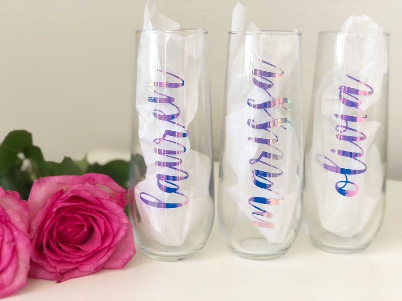 Iridescent champagne flutes- unicorn champagne flutes- mermaid champagne flutes- personalized champagne glasses- bridesmaid proposal gift