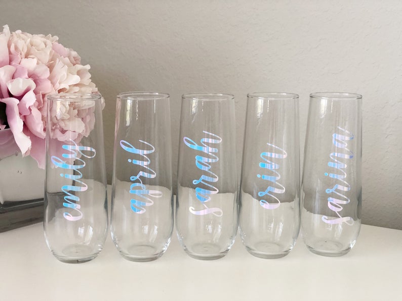 Iridescent champagne flutes- unicorn champagne flutes- mermaid champagne flutes- personalized champagne glasses- bridesmaid proposal gift