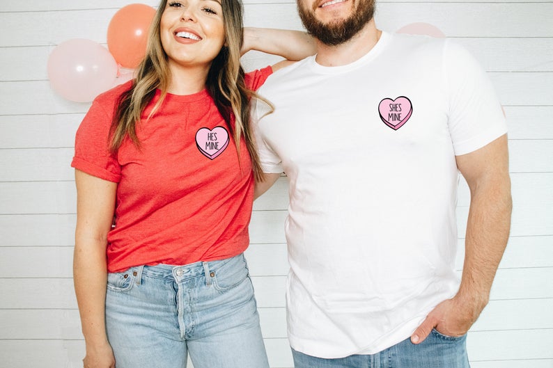 He's mine she's mine couples valentines shirts- matching couples t-shirts- be mine conversation candy sweet heart shirt- mr mrs hubby wifey