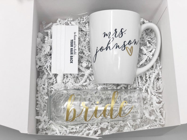 For the bride gift box set - personalized bride day of wedding gift - mrs mug- wifey mug- just married anniversary gift box set- future mrs