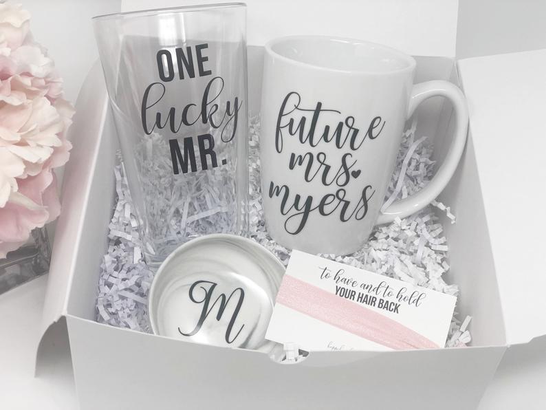 One lucky mr future Mrs gift box set for engagement gift- gift box for bride and groom- bridal gifts- future Mrs bride mug- beer mug glass