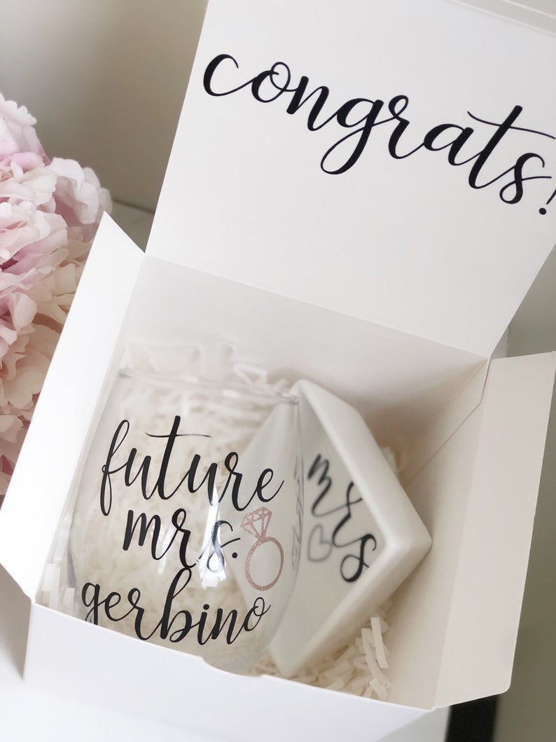 Engagement gift box - bride to be gift box- future mrs wine glass gift box set- bride wine tumbler gift idea - mrs wine glass ring dish set