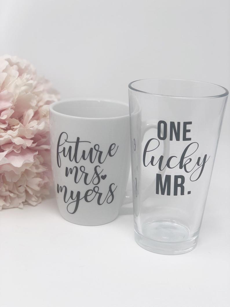 One lucky mr future Mrs gift box set for engagement gift- gift box for bride and groom- bridal gifts- future Mrs bride mug- beer mug glass