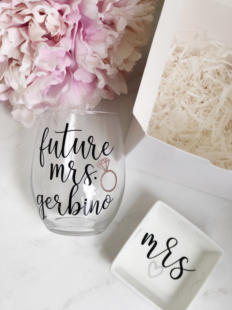 Engagement gift box - bride to be gift box- future mrs wine glass gift box set- bride wine tumbler gift idea - mrs wine glass ring dish set