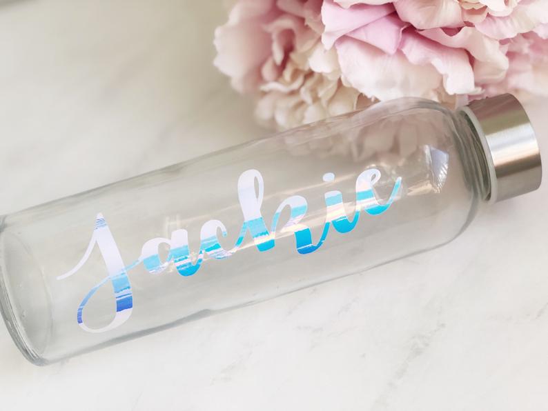 Iridescent water bottles for bridesmaids- bridal party water bottle- glass water bottle- holographic bottle- bridesmaid bachelorette gifts