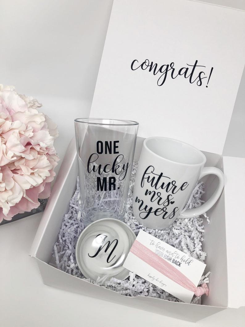 One lucky mr future Mrs gift box set for engagement gift- gift box for bride and groom- bridal gifts- future Mrs bride mug- beer mug glass