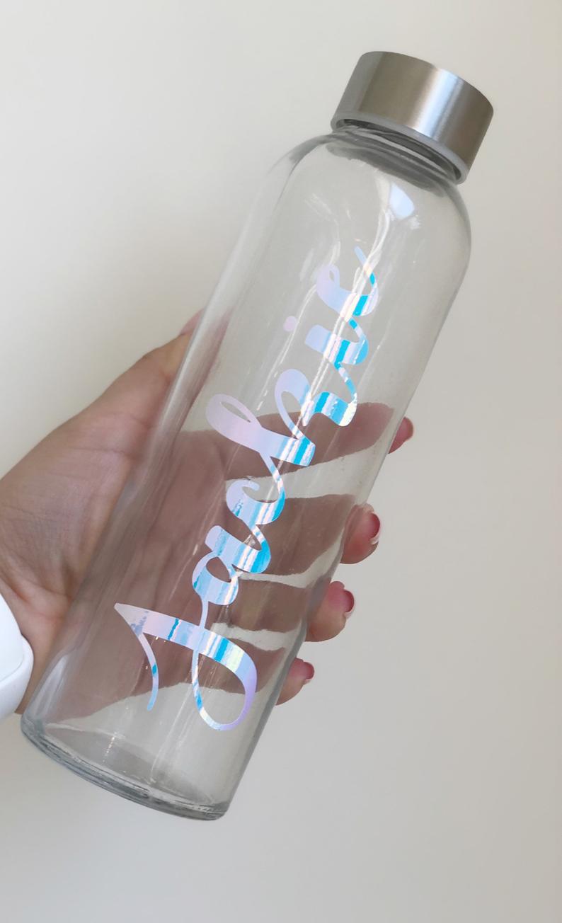 Iridescent water bottles for bridesmaids- bridal party water bottle- glass water bottle- holographic bottle- bridesmaid bachelorette gifts