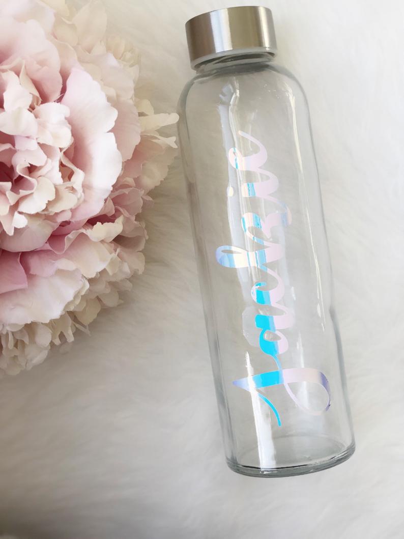 Iridescent water bottles for bridesmaids- bridal party water bottle- glass water bottle- holographic bottle- bridesmaid bachelorette gifts