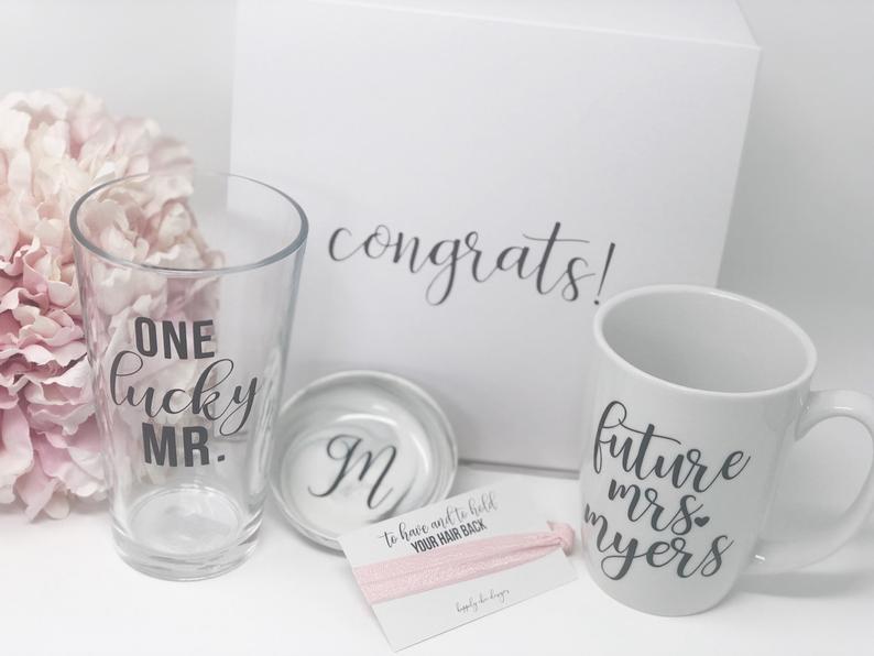 One lucky mr future Mrs gift box set for engagement gift- gift box for bride and groom- bridal gifts- future Mrs bride mug- beer mug glass