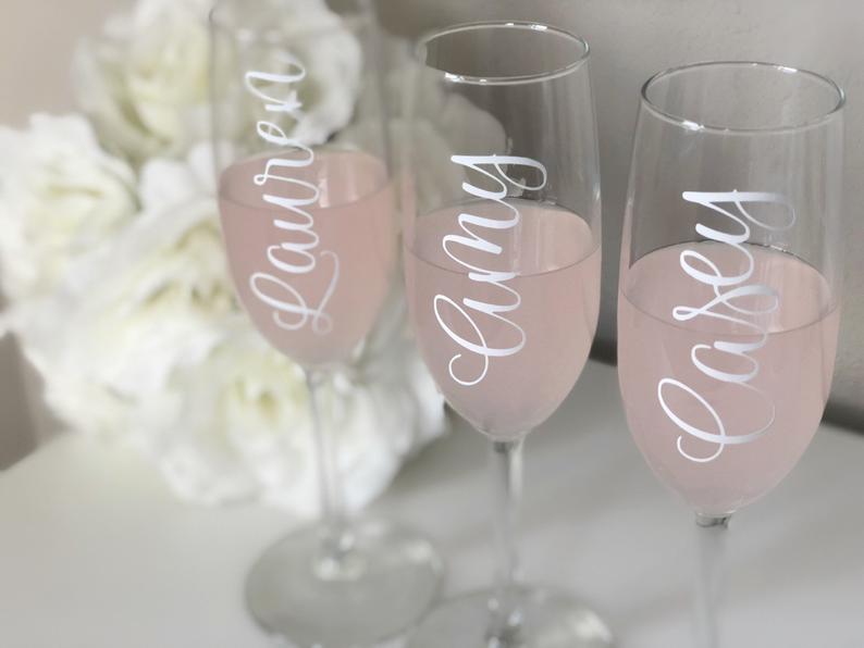 Personalized bridesmaid stemmed champagne glasses- set of champagne flutes- bridesmaid wedding bridal party champagne flute proposals gift