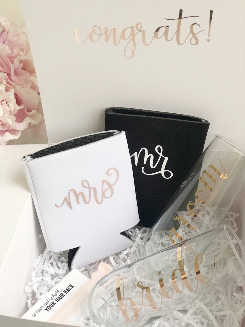 Mr and mrs engagement gift box set- bride and groom gift set- wedding gift for couple- mr and mrs champagne flute set- toasting flutes weddi