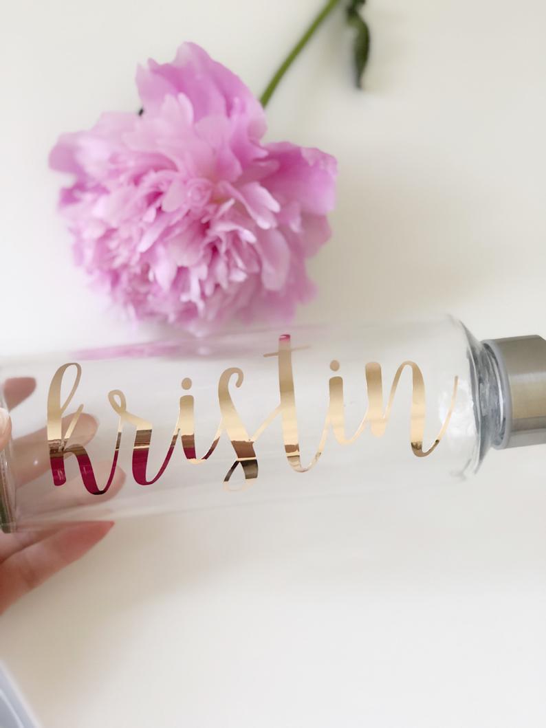 Rose gold Bridesmaid water bottles- personalized glass water bottles- bachelorette waterbottles- custom water bottle- rose gold waterbottle