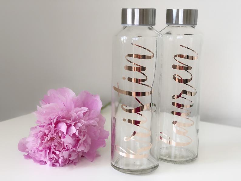 Rose gold Bridesmaid water bottles- personalized glass water bottles- bachelorette waterbottles- custom water bottle- rose gold waterbottle