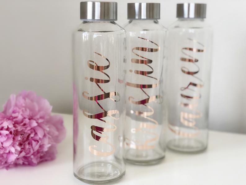 Rose gold Bridesmaid water bottles- personalized glass water bottles- bachelorette waterbottles- custom water bottle- rose gold waterbottle