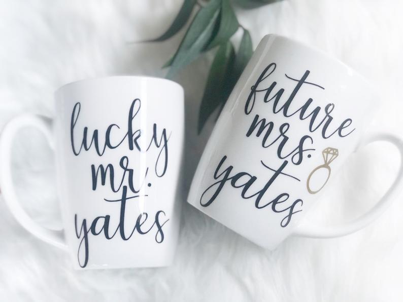 Future mrs lucky mr mug set- mr and mrs mugs- engagement mug gift for engaged couple- personalized engagement mrs mug- bride mug- engaged