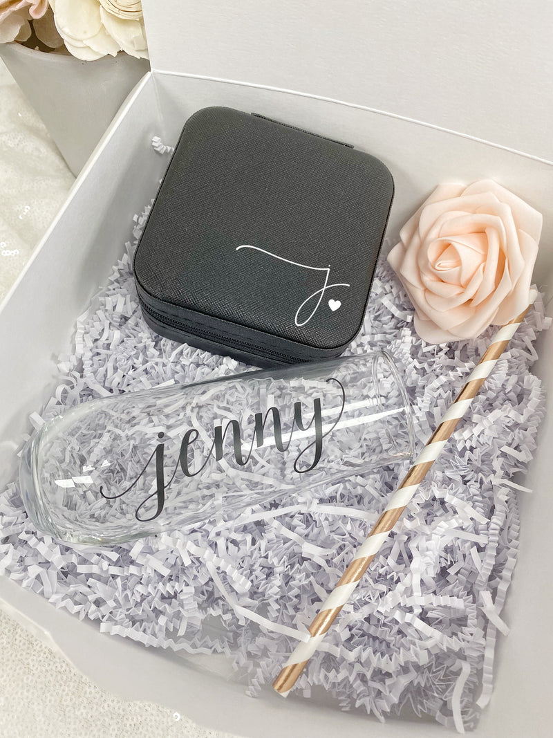 Bridesmaid proposal gift box set- bridesmaid personalized champagne flute- maid of honor proposal- personalized travel jewelry case