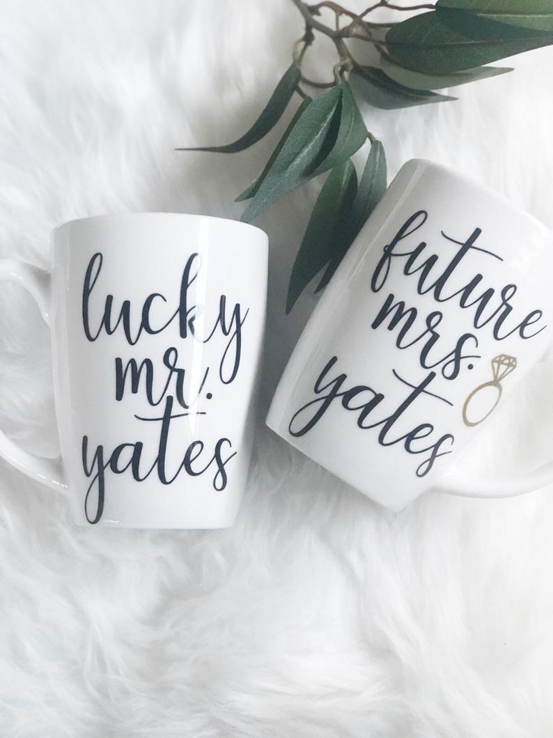 Future mrs lucky mr mug set- mr and mrs mugs- engagement mug gift for engaged couple- personalized engagement mrs mug- bride mug- engaged