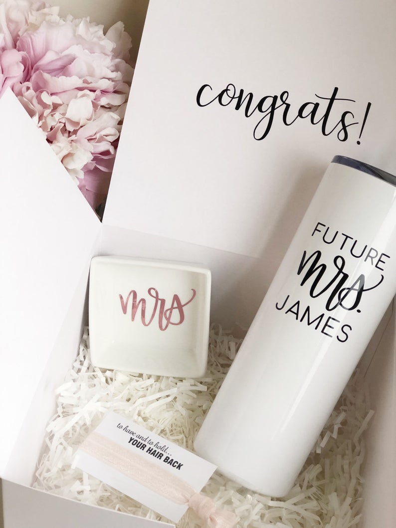 Engagement gift box set for bride - future mrs gift set- personalized bride to be gift set tumbler ring dish - bachelorette gift box set -