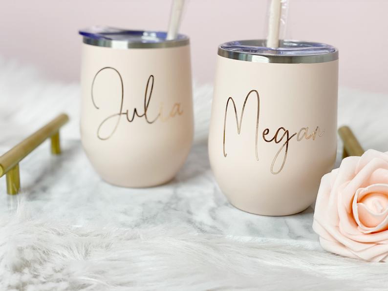 Bridesmaid wine tumblers- blush pink cups- bridesmaid proposal- personalized tumbler for bridal party gifts- bachelorette party cups- maars