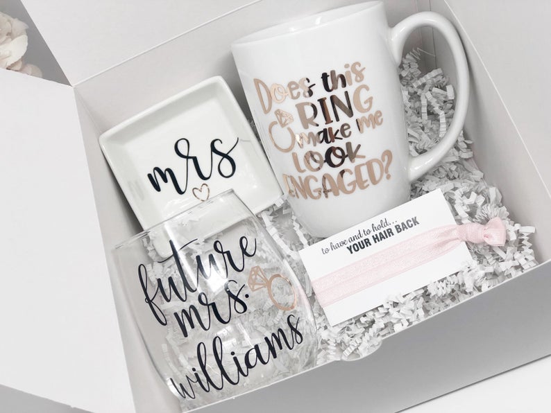 Does this ring make me look engaged mug- future mrs wine glass- bride gift box set for bride to be - engagement gift box - congrats bride