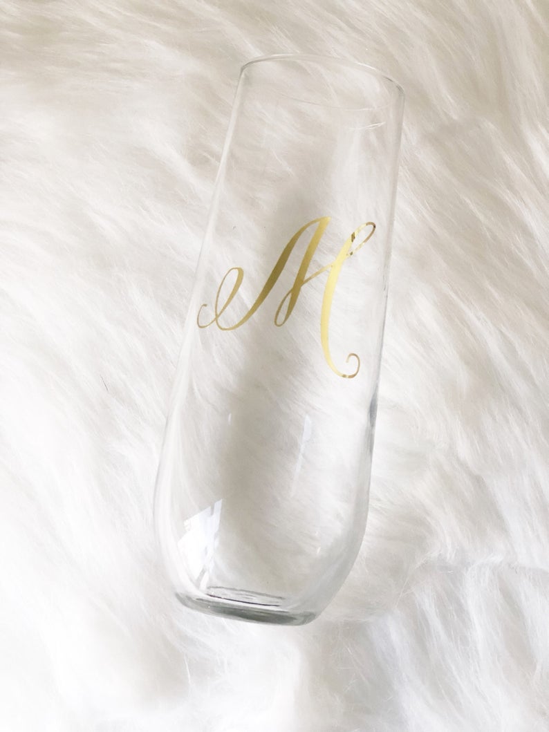 Gold initial champagne flute- personalized champagne flutes - bridesmaid champagne flute- monogrammed flutes- bridesmaid proposal box flutes