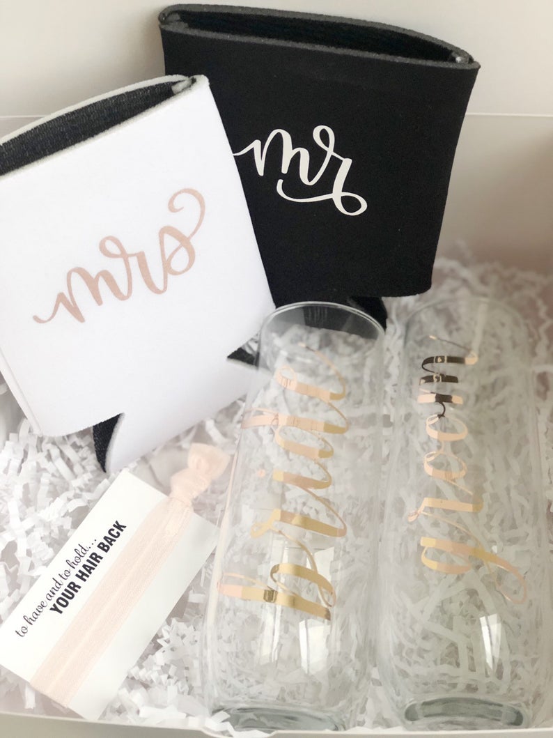 Mr and mrs engagement gift box set- bride and groom gift set- wedding gift for couple- mr and mrs champagne flute set- toasting flutes weddi