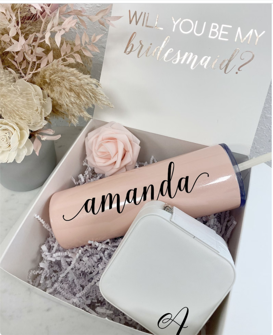 Bridesmaid proposal gift box set- bridesmaid stainless steel tumbler with straw- maid of honor proposal- personalized travel jewelry case