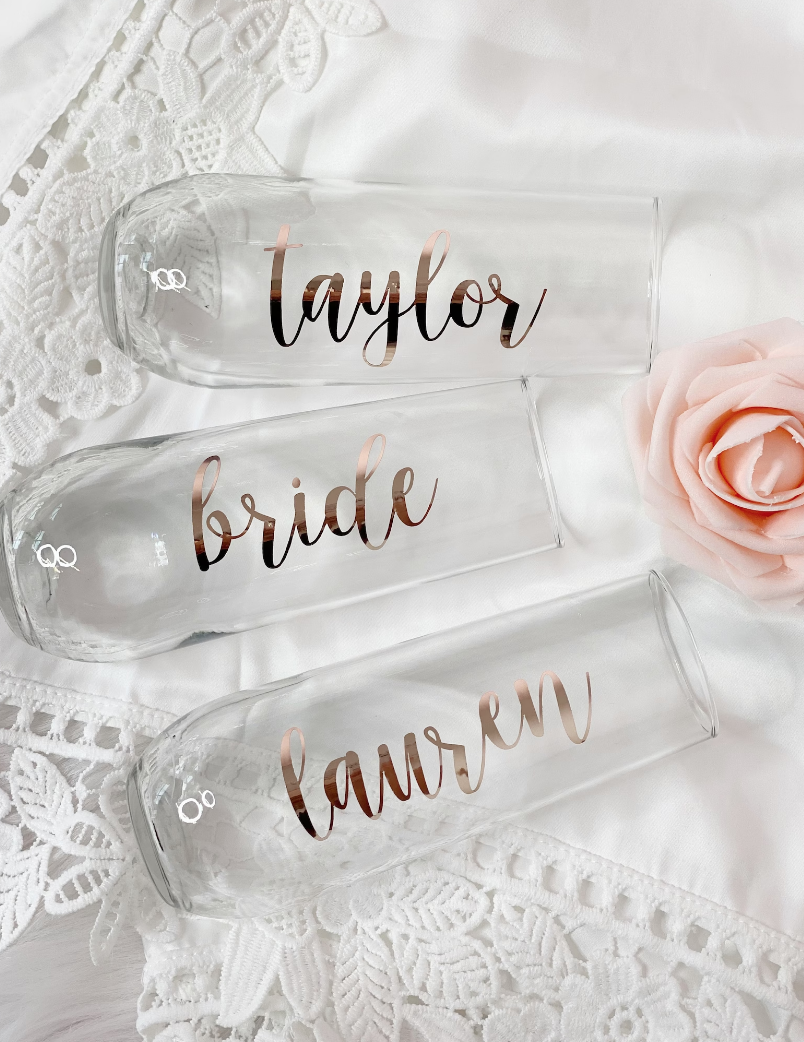 Bride bridesmaid champagne flute- personalized champagne glass- rose gold flute- bridesmaid proposal gift idea stemless champagne glas