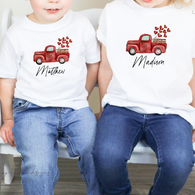 Personalized name valentines day shirt first valentines truck heart balloons t-shirt idea for kids toddler -cute matching sibling valentines