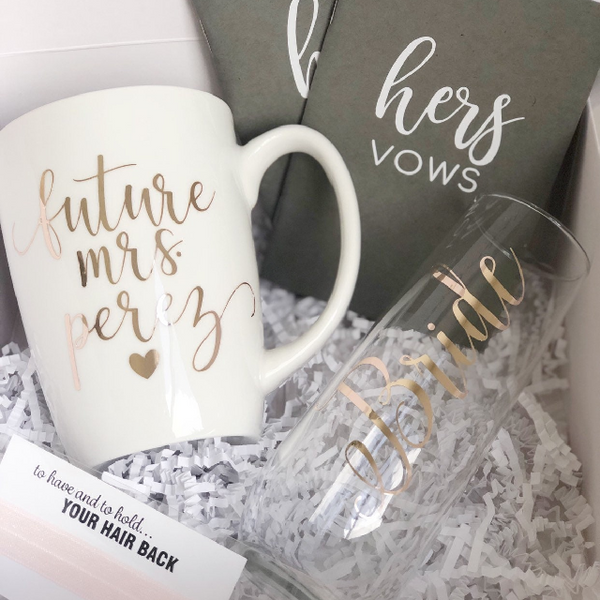 Engagement gift bride box gift set- vow books bride champagne flute- future mrs mug gift for bride- future mrs gift box- personalized bride