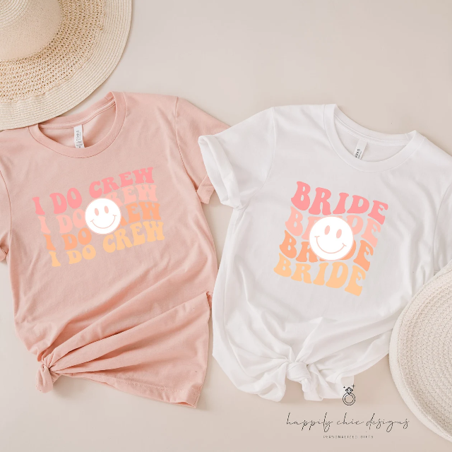 Retro i do crew happy face bridesmaid shirts- bachelorette party shirts- lets go bride tribe squad- bridal party shirt idea custom smile face