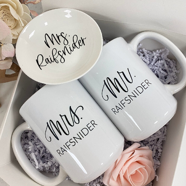 Couples gift box- mr and mrs mugs engagement gift box set- his and hers bride and groom wifey and hubby wedding day gift idea mrs ring dish