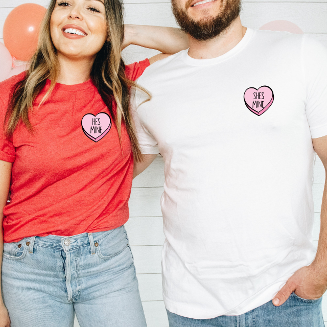 He's mine she's mine couples valentines shirts- matching couples t-shirts- be mine conversation candy sweet heart shirt- mr mrs hubby wifey