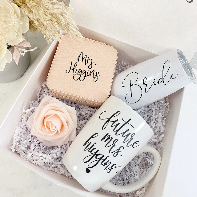 Engaged tumbler personalized bride wedding future mrs gift box set - bride engagement gift box idea- future mrs travel jewelry box wifey