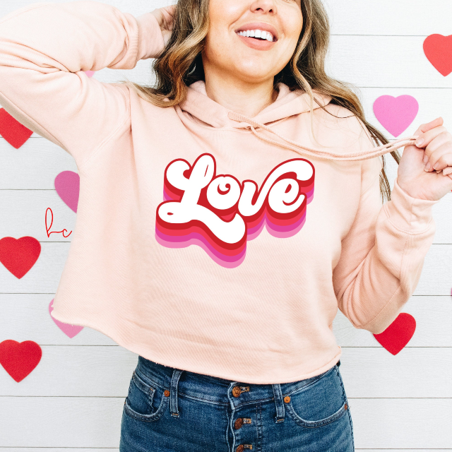 Retro love cropped hoodie sweater valentines day sweater- pink sweater- xoxo hugs and kisses- galentines day sweater- retro love graphic tee