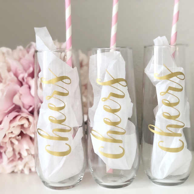 Cheers champagne flutes- cheers champagne glasses- stemless champagne flutes- personalized flutes- gold champagne flutes- bachelorette flute