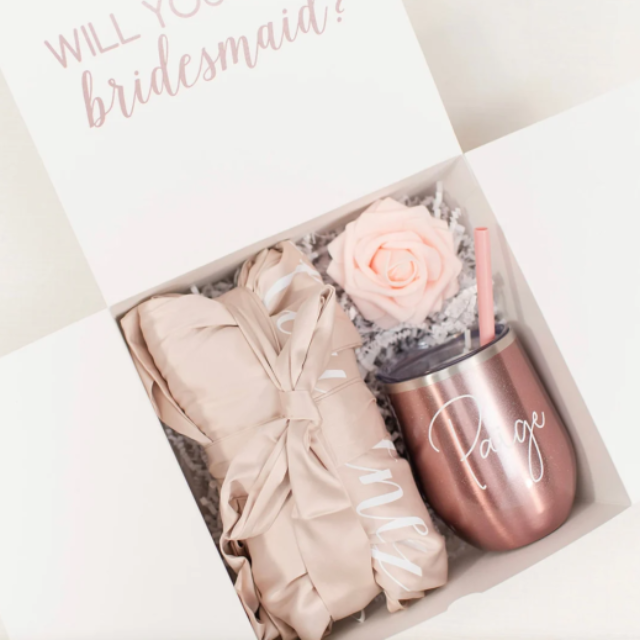 Bridesmaid proposal gift box- personalized bridesmaid wine tumbler- bridesmaid satin lace robe - bridal party robes