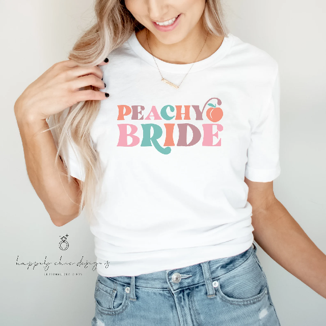 Peachy bride brides peaches bachelorette party t-shirt idea- bridal party shirts- Georgia bach babe girls weekend bridesmaid shirts just