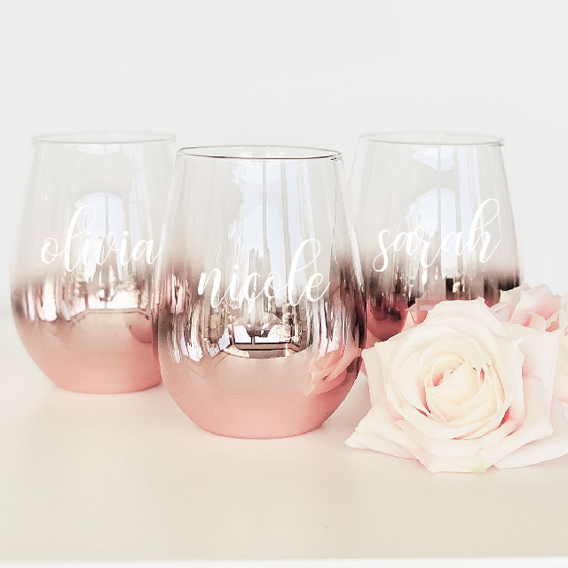 Personalized bridesmaid wine glasses- OMBRE rose gold wine glass- bridesmaid proposal box- gifts for bridal party wine stemless wine tumbler