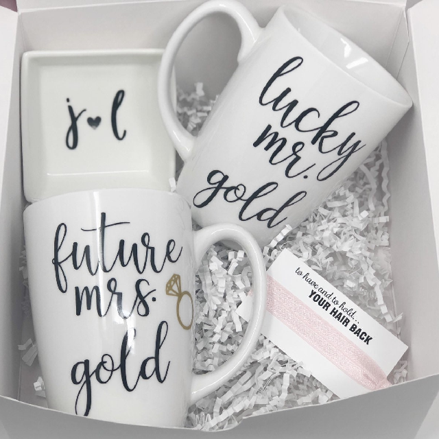 Future mrs lucky mr mugs gift set- engagement gift for the couple- personalized couples mug set- initial ring dish- wifey and hubby mugs-