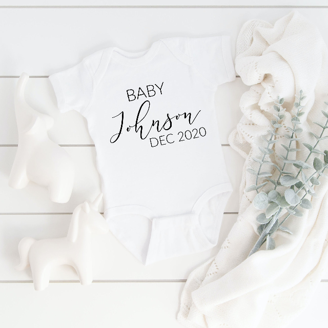 Baby announcement body suit- pregnancy reveal idea - baby name body suit- personalized baby boy girl shirt- last name baby shower gift