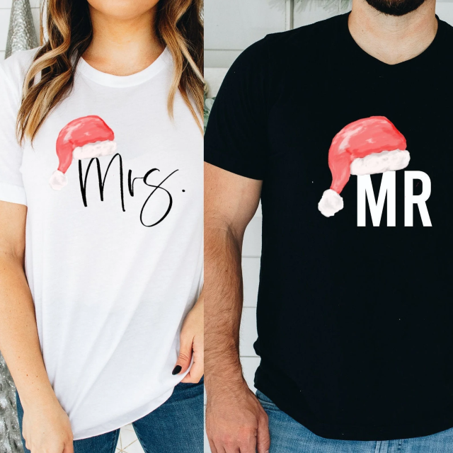 Mr and Mrs Claus Santa hat shirts- our first christmas married- merry and married- custom couples christmas shirts- mr and mrs gift idea