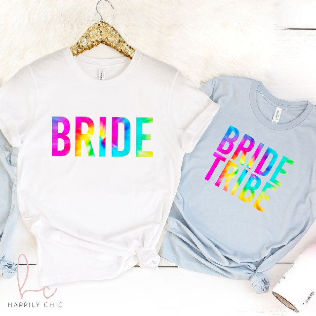 Tie dye bride tribe shirts- bachelorette trip weekend shirt ideas- bridesmaid tank tops- bridesmaid proposal gifts- bride squad unique shirt