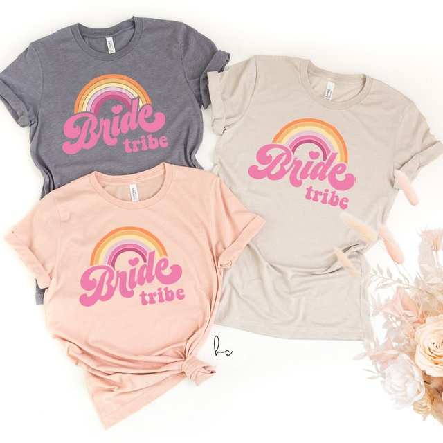 Retro rainbow bride tribe bridesmaid shirts- bachelorette party shirts- Bach Brides babes- bridal party tees shirts- gifts for proposal box