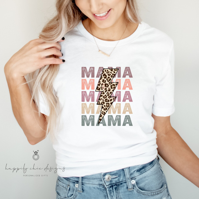 Retro cheetah leopard mama stacked lightning bolt 70s shirt- gift for mom- mama shirts- Mother’s Day t-shirt- first Mother’s Day gift box