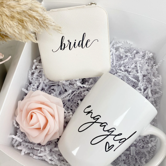 Engaged mug- personalized bride gift box set - bride engagement gift box idea- future mrs ring dish- mrs ring dish bride makeup bag tote