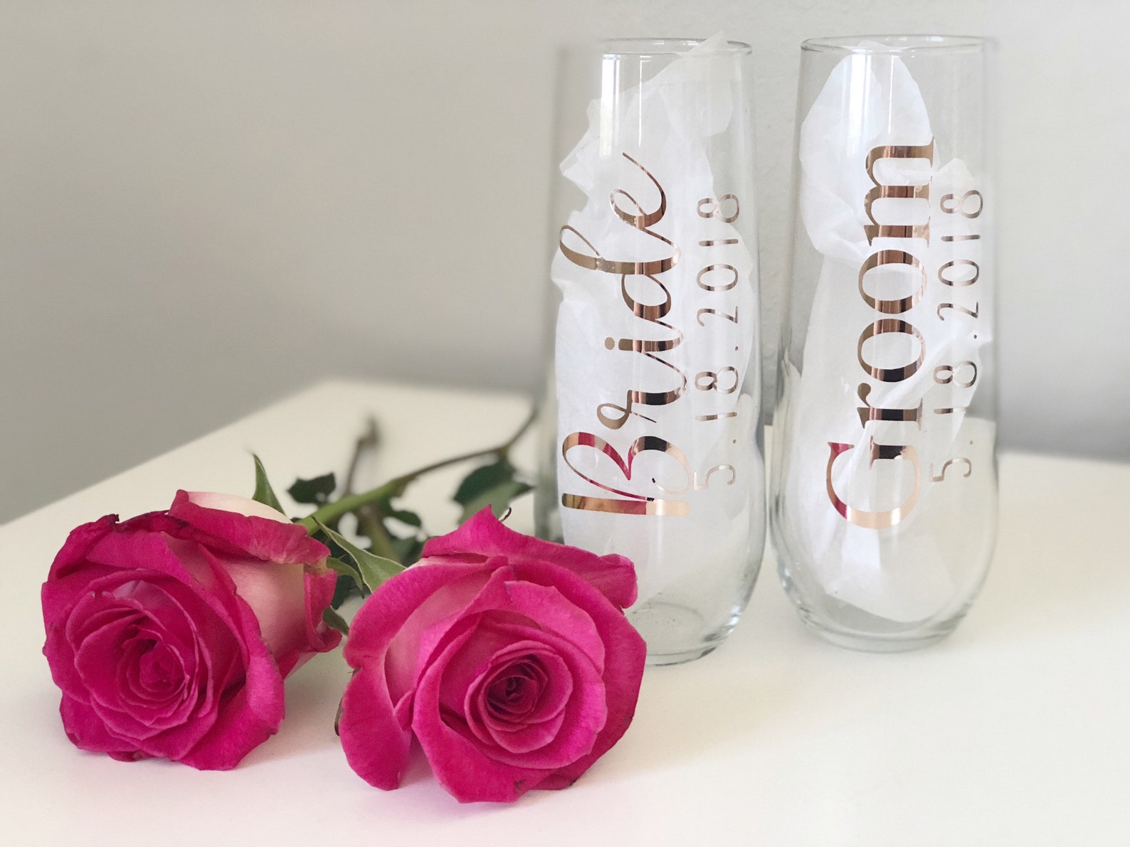 Mr and mrs wedding champagne flutes- personalized bride and groom champagne glasses- mr and mrs wedding toasting flutes- rose gold flutes-